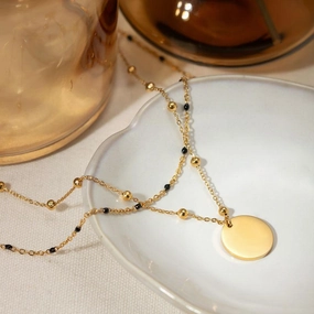 18K Gold Plated Double Layered Black Rice Bead Necklace for Women 