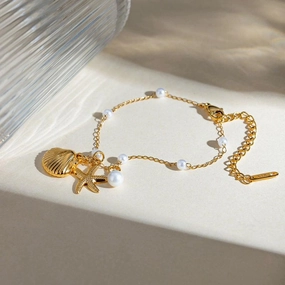 18K Gold-Plated Pearl Starfish Pendant Bracelet 