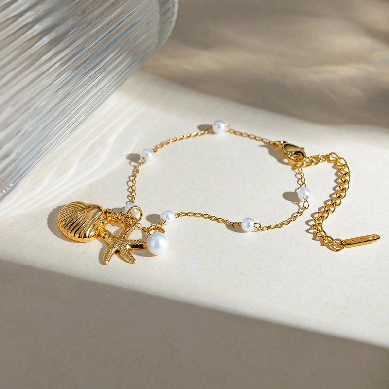 18K Gold-Plated Pearl Starfish Pendant Bracelet 
