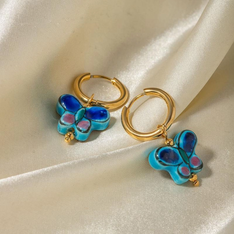 18K Gold Plated Stainless Steel Blue Flower Butterfly Ceramic Stud Earrings 