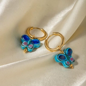 18K Gold Plated Stainless Steel Blue Flower Butterfly Ceramic Stud Earrings 