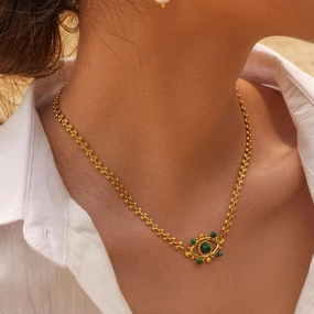 18K Gold-Plated Stainless Steel Multi-Layer Turquoise & Malachite Devil's Eye Necklace 