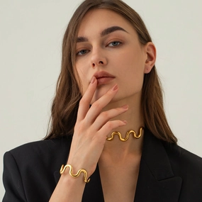 18K Gold Plated Stainless Steel Wave Bracelet and Necklace Set for Women 