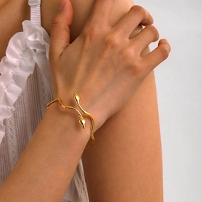 18K Gold Plated Stainless Steel Wavy Snake Bracelet - Waterproof Vintage Cuff for Women 