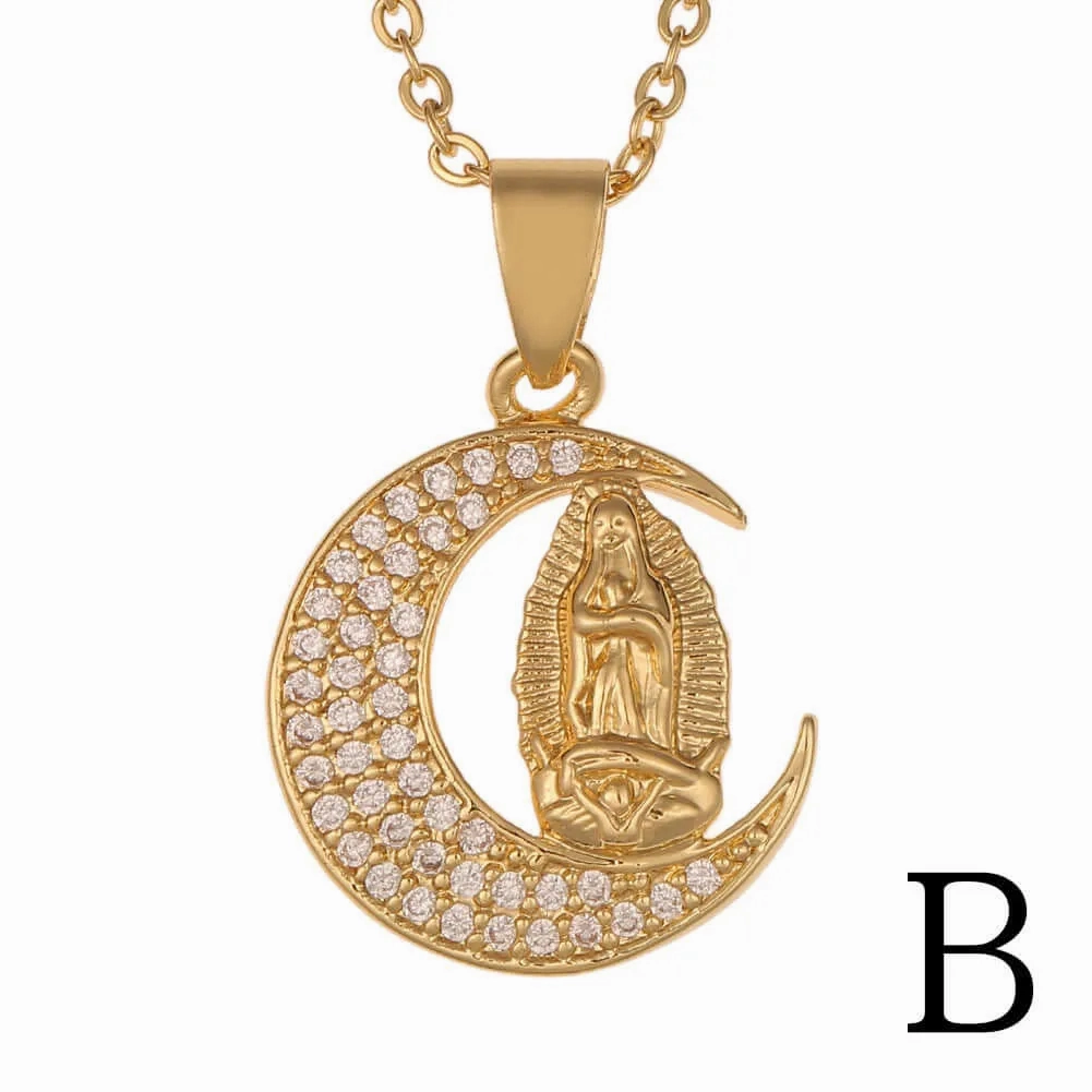 18K Gold Plated Virgin Mary Religious Sun Moon Virgencita Necklace
