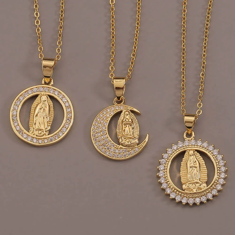 18K Gold Plated Virgin Mary Religious Sun Moon Virgencita Necklace