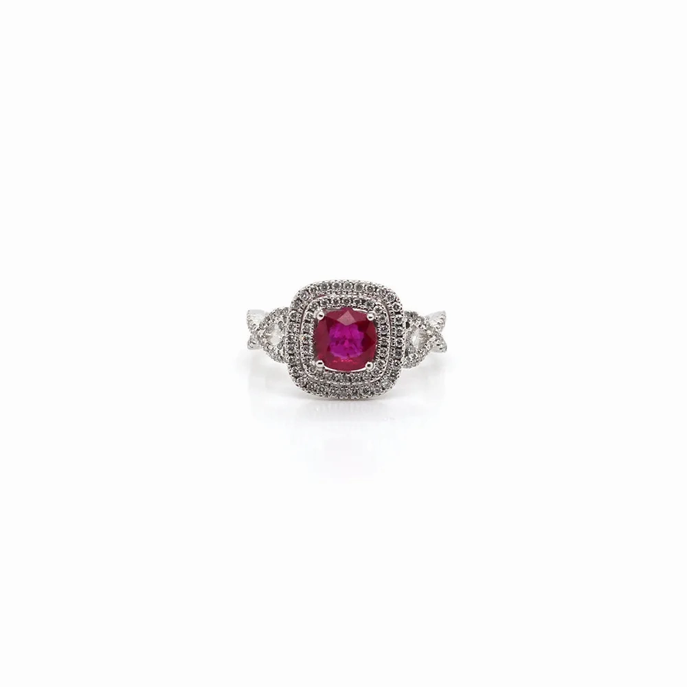 18k White Gold Ruby Ring with Double Halo