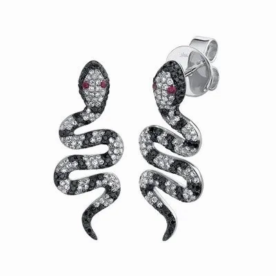 1.22CT BLACK &amp; WHITE DIAMOND &amp; 0.04CT RUBY SNAKE EARRING