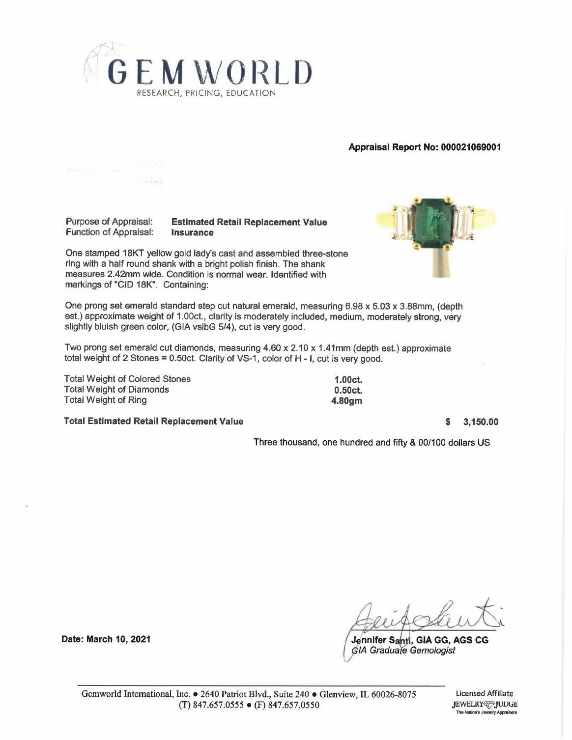 1.50ct tw Natural Emerald &amp; Diamond Accent 3-Stone Ring 18k Gold Size 7