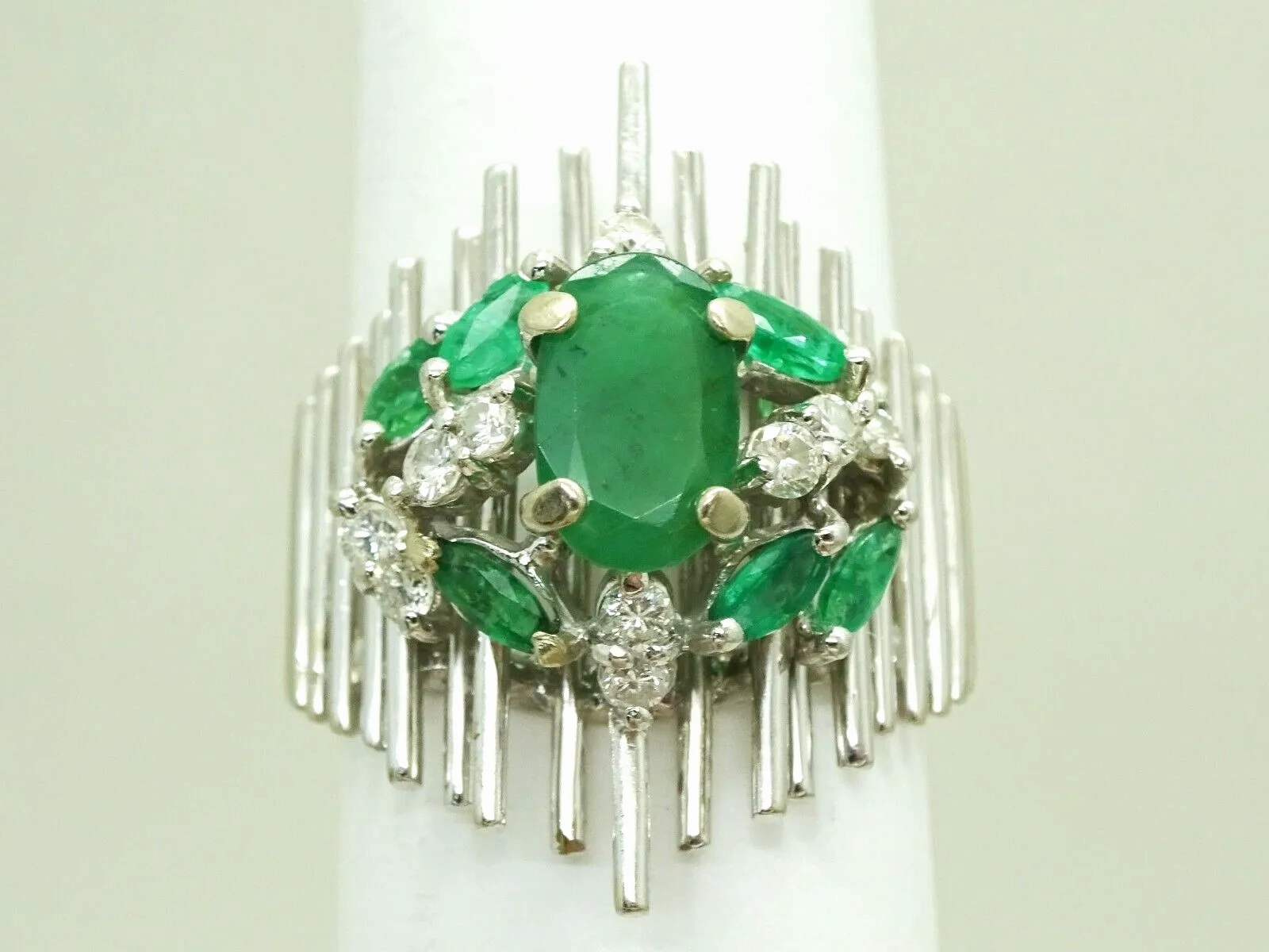 1.61ct tw Natural Emerald &amp; Diamond Open Bar Ring 14k White Gold Size 7.5