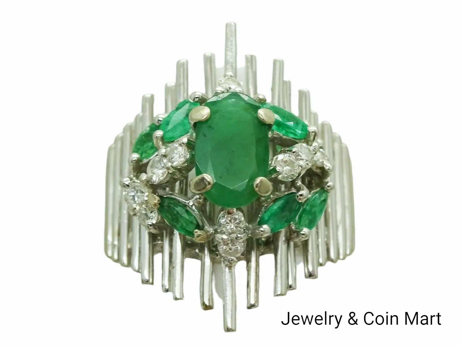 1.61ct tw Natural Emerald &amp; Diamond Open Bar Ring 14k White Gold Size 7.5