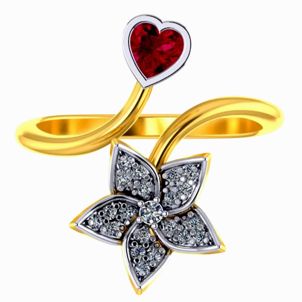 22k Gold Ring With A American Diamond Studded Five-petal Floral Design And A Mini Heart