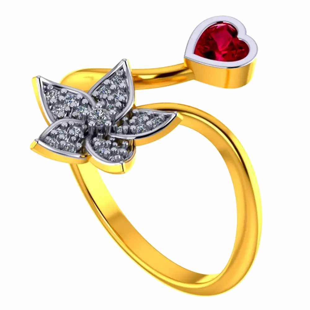 22k Gold Ring With A American Diamond Studded Five-petal Floral Design And A Mini Heart