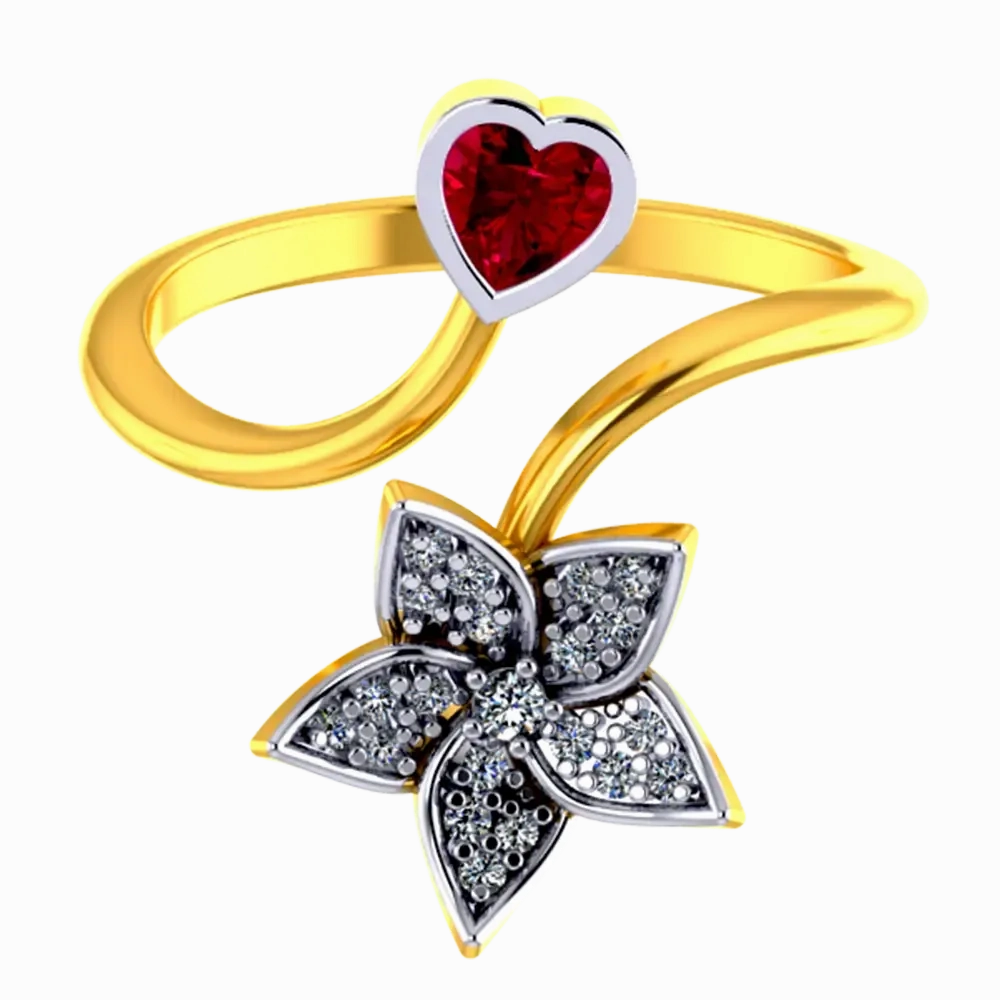 22k Gold Ring With A American Diamond Studded Five-petal Floral Design And A Mini Heart