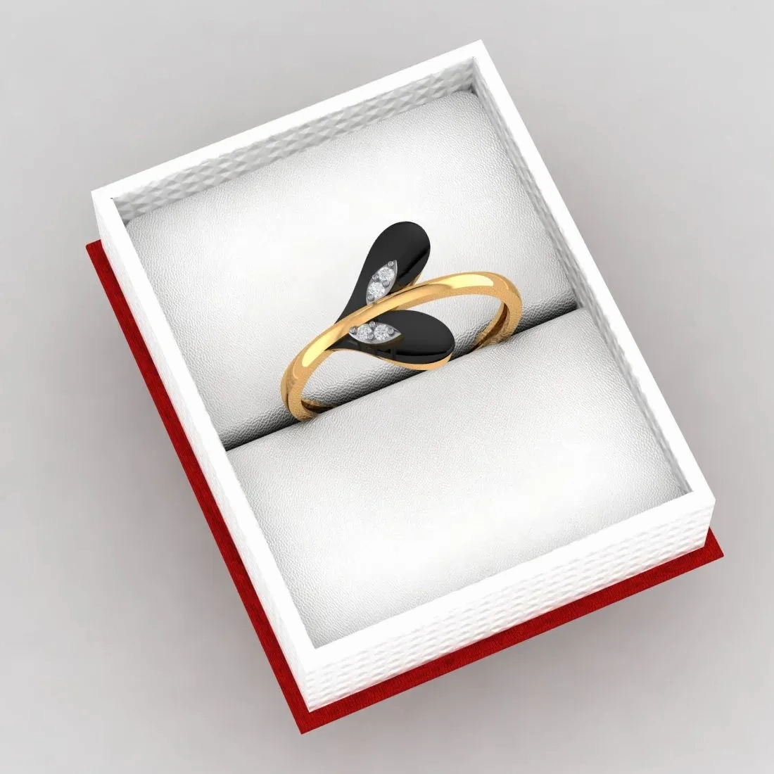 22K Gold Ring With Leafy Heart Black Inlay And Embedded Stone Detailing (Size 12)