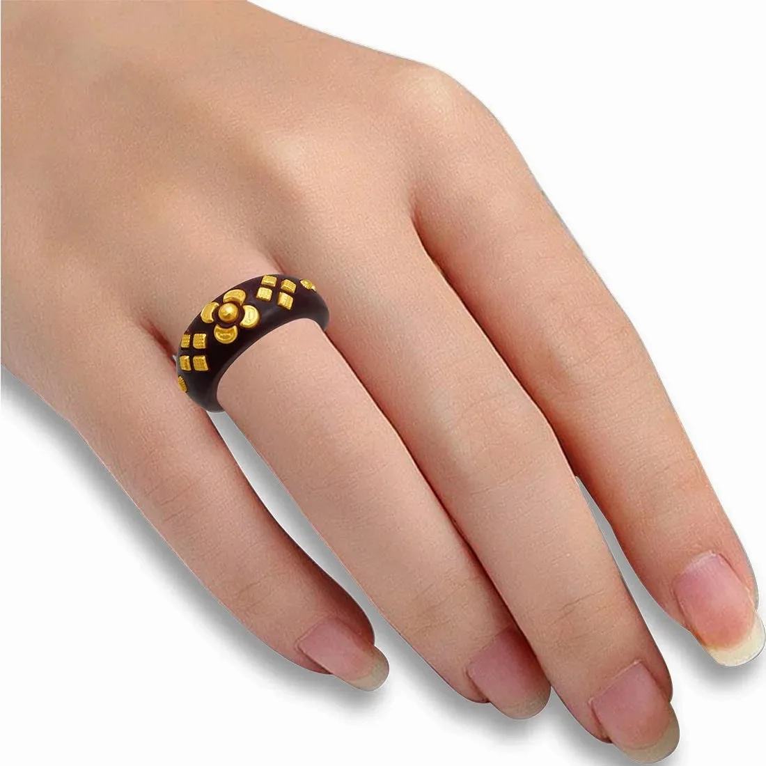 22KT (916) Yellow Gold Brown Pola Ring With Floral Embellishments For Women &amp; Girls (Size 16)