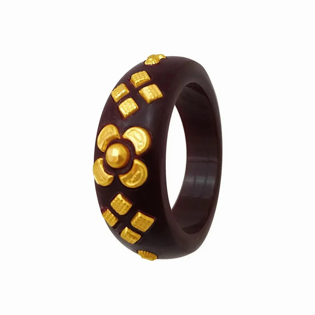 22KT (916) Yellow Gold Brown Pola Ring With Floral Embellishments For Women &amp; Girls (Size 16)