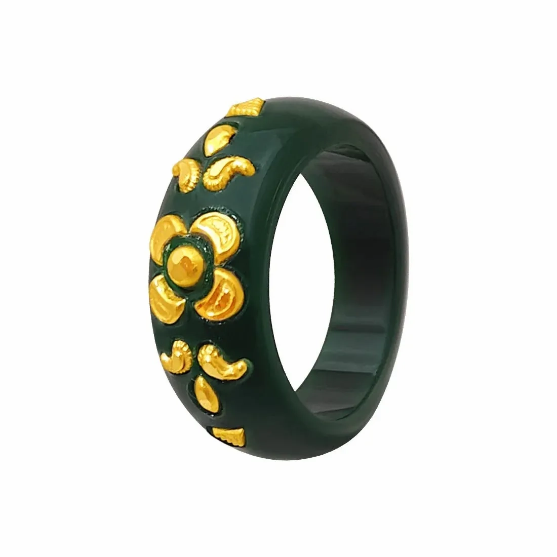 22KT (916) Yellow Gold Green Pola Ring With Floral Embellishments For Women &amp; Girls (Size 13)