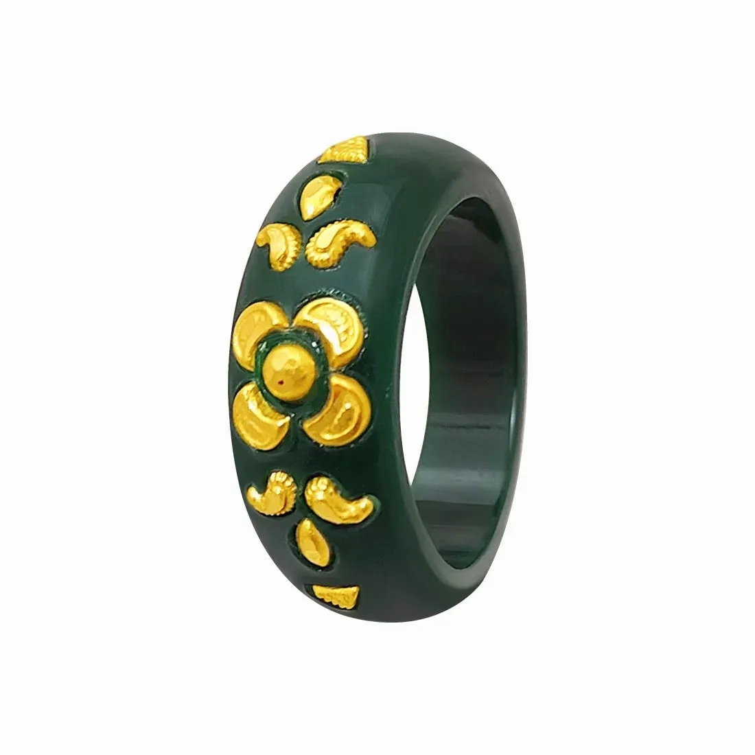 22KT (916) Yellow Gold Green Pola Ring With Floral Embellishments For Women &amp; Girls (Size 13)