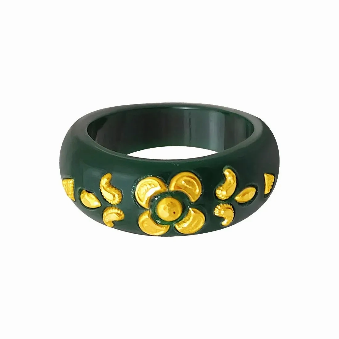 22KT (916) Yellow Gold Green Pola Ring With Floral Embellishments For Women &amp; Girls (Size 13)