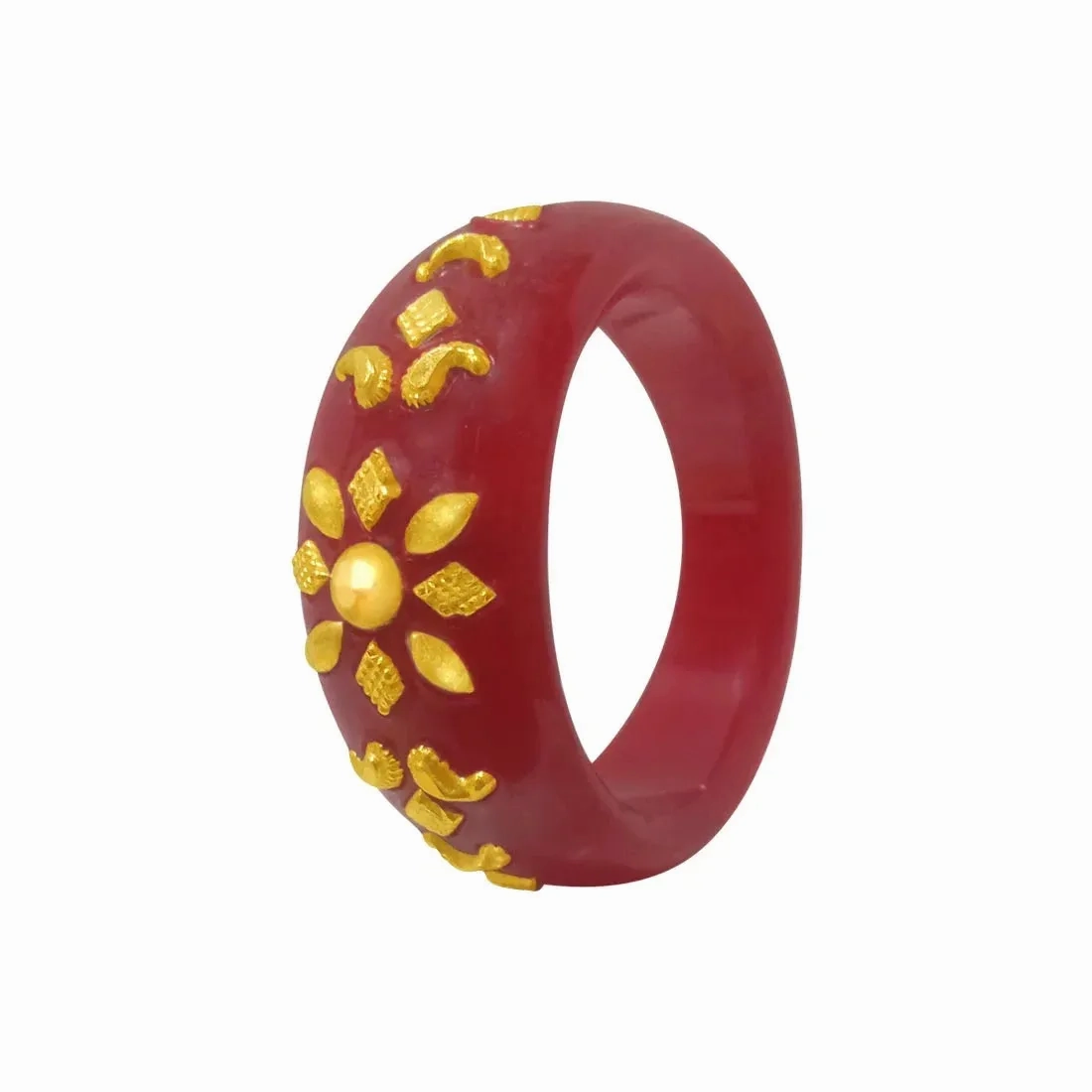 22KT (916) Yellow Gold Red Pola Ring With Floral Embellishments For Women &amp; Girls (Size 13)