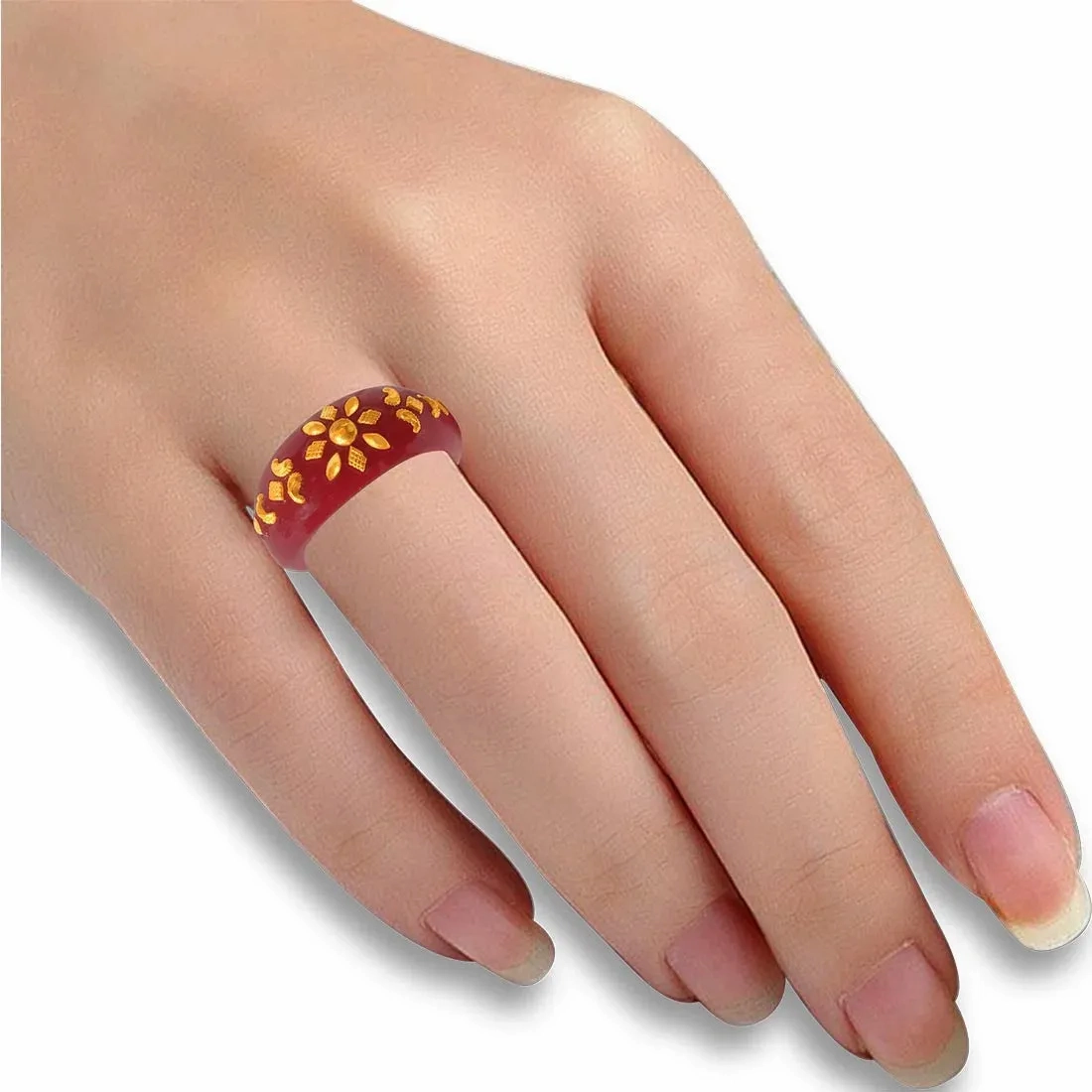 22KT (916) Yellow Gold Red Pola Ring With Floral Embellishments For Women &amp; Girls (Size 13)