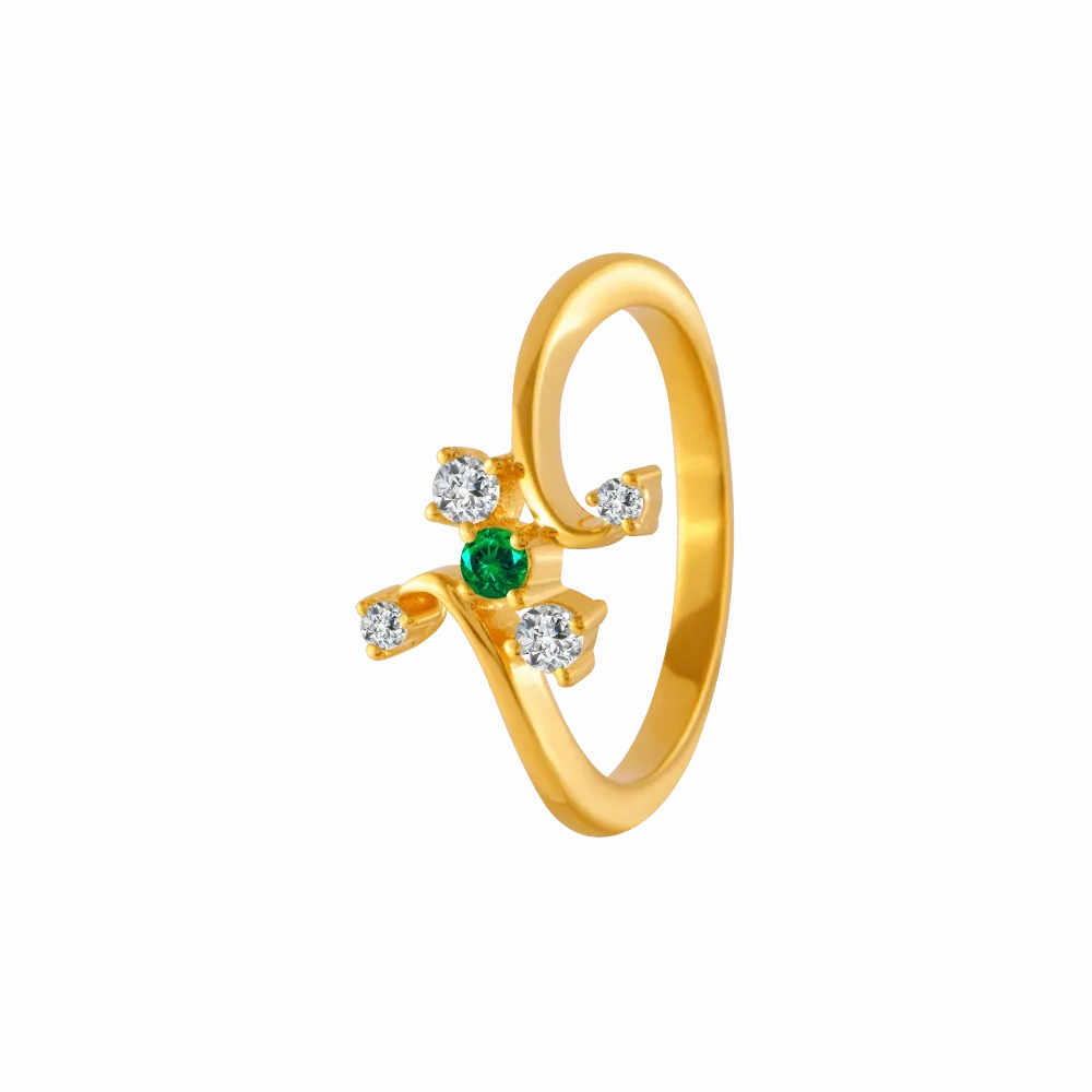 22KT Yellow Gold, American Diamond And Emerald Ring For Women