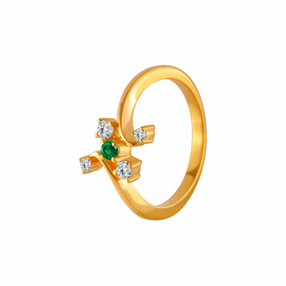 22KT Yellow Gold, American Diamond And Emerald Ring For Women