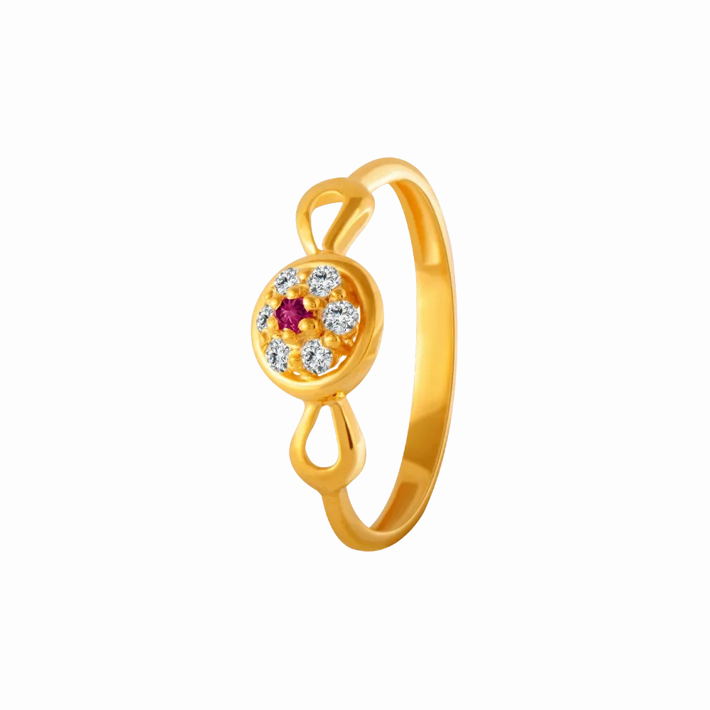22KT Yellow Gold, American Diamond And Ruby Ring For Women