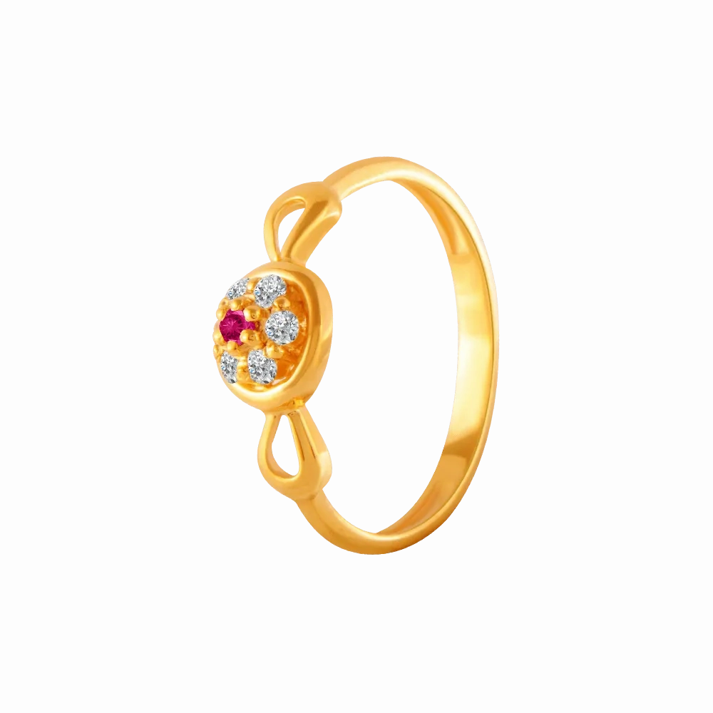 22KT Yellow Gold, American Diamond And Ruby Ring For Women