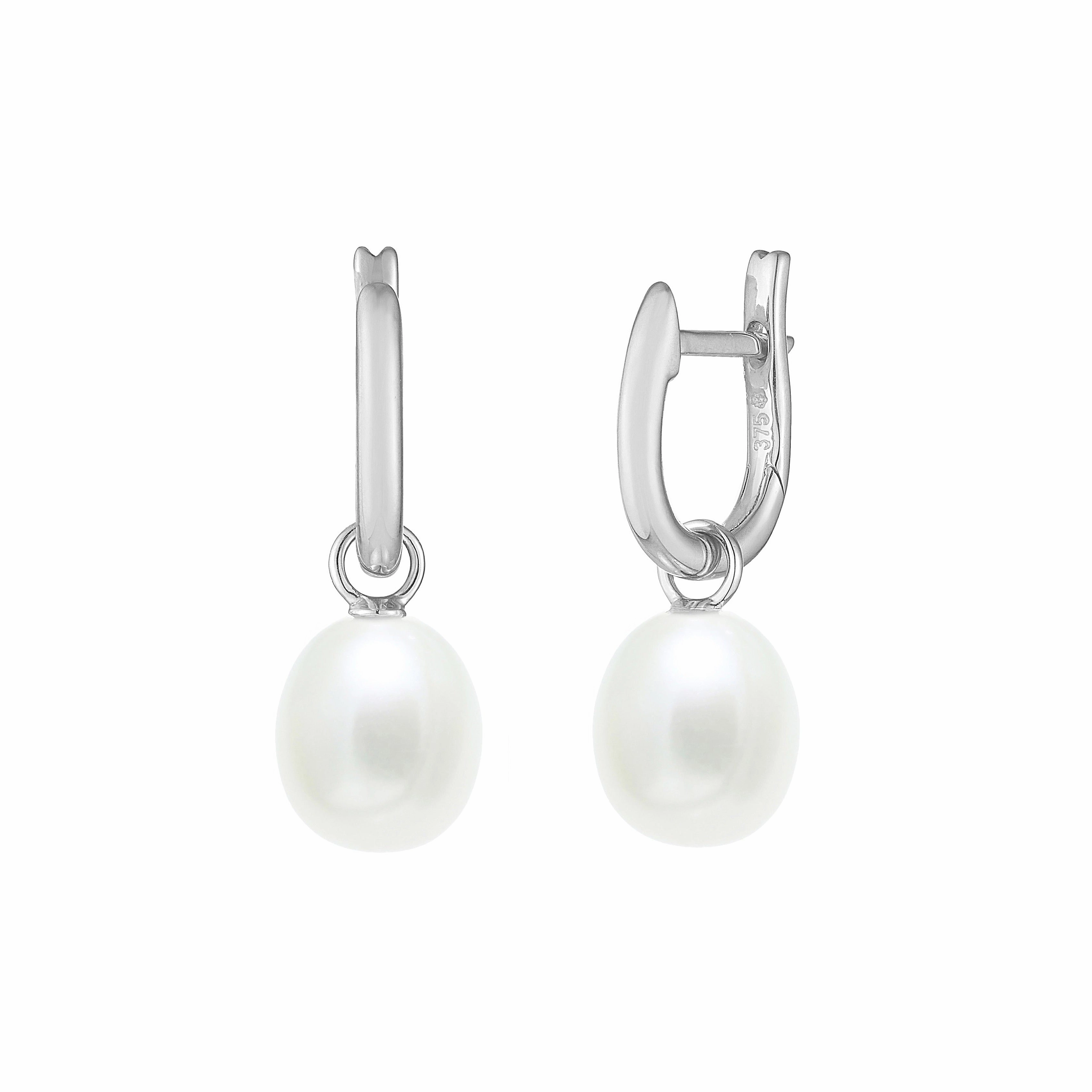 7.5-8mm White Freshwater Pearl 9ct White Gold Drop Huggie Earrings texture-pearl  