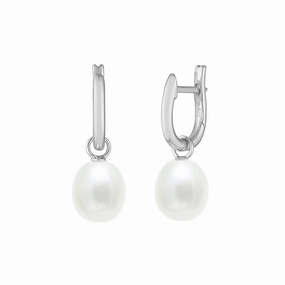 7.5-8mm White Freshwater Pearl 9ct White Gold Drop Huggie Earrings texture-pearl  