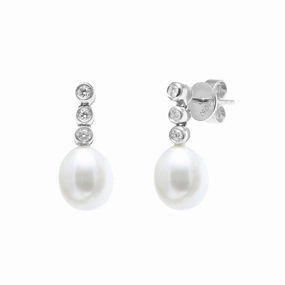 7.5-8mm White Freshwater Pearl & Diamond 18ct White Gold Drop Earrings texture-pearl  