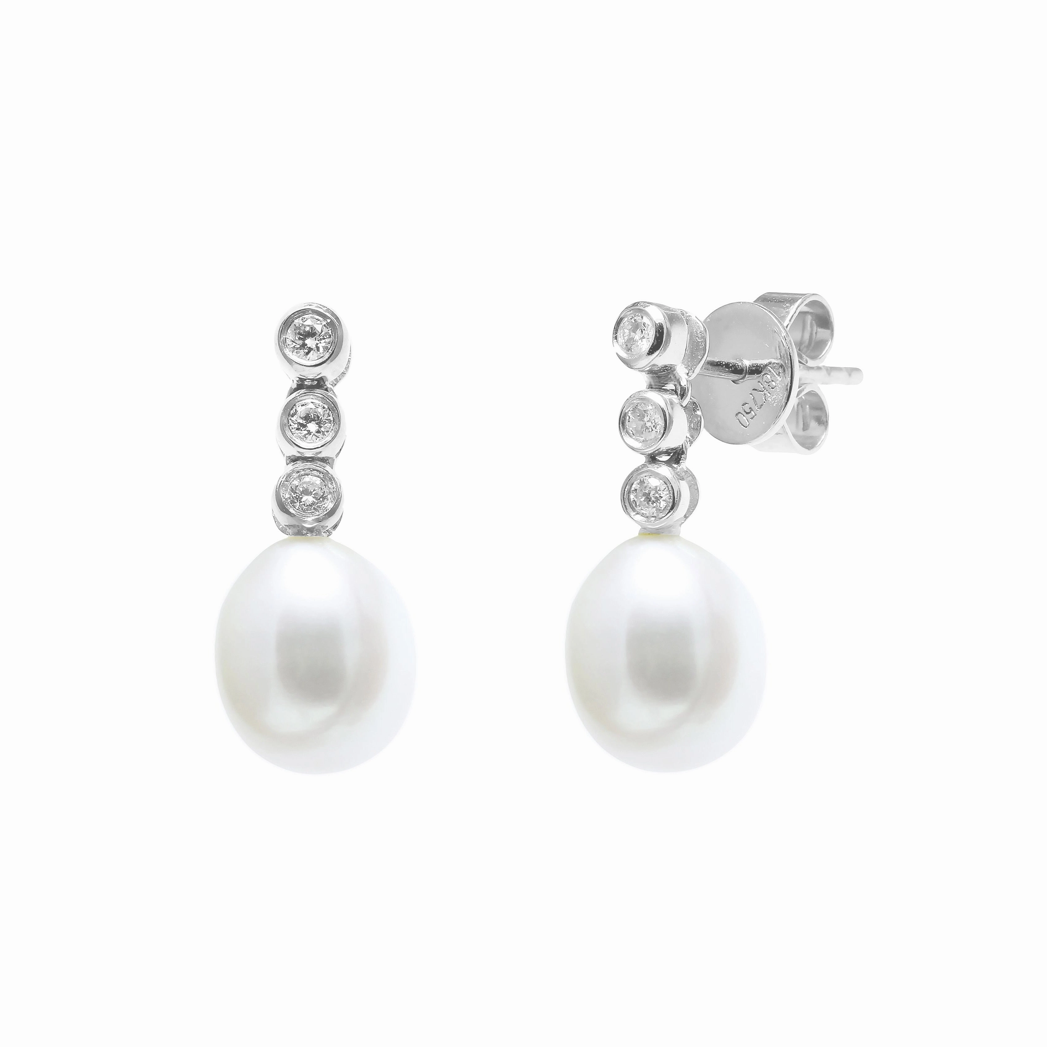 7.5-8mm White Freshwater Pearl & Diamond 18ct White Gold Drop Earrings texture-pearl  