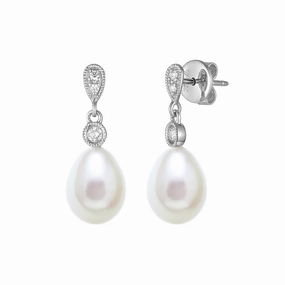 7.5-8mm White Freshwater Pearl & Diamond 18ct White Gold Drop Stud Earrings texture-pearl  