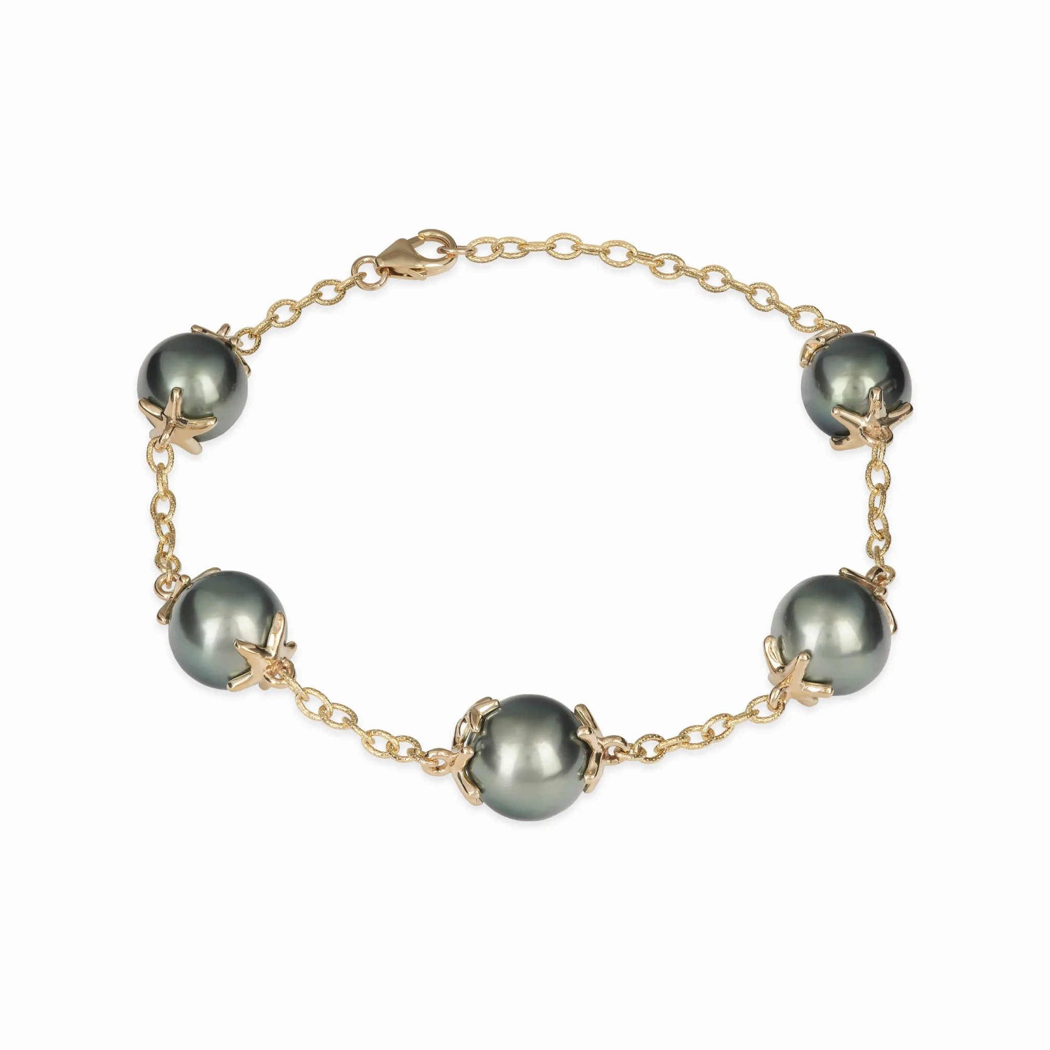 7-8.25&quot; Adjustable Reefs Starfish Tahitian Black Pearl Bracelet in Gold - 10-11mm