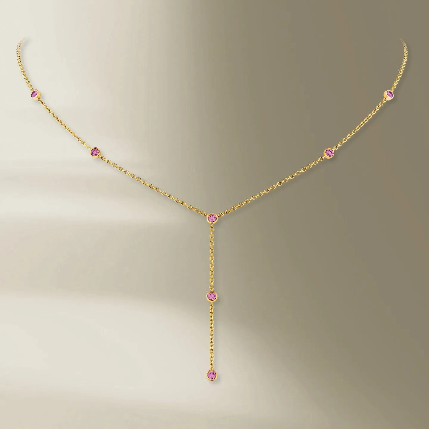 7 Stone 18K Gold Necklace w. Pink Sapphires