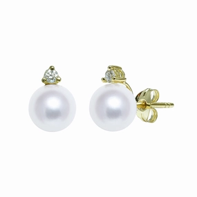 8-8.5mm White Freshwater Pearl & Diamond 18ct Yellow Gold Stud Earrings texture-pearl  