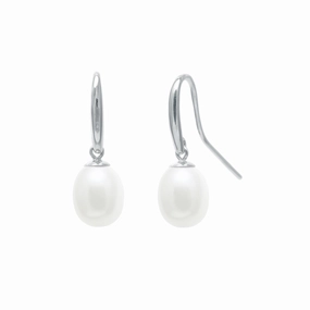 8mm White Freshwater Pearl Sterling Silver Single Drop Earrings texture-pearl  