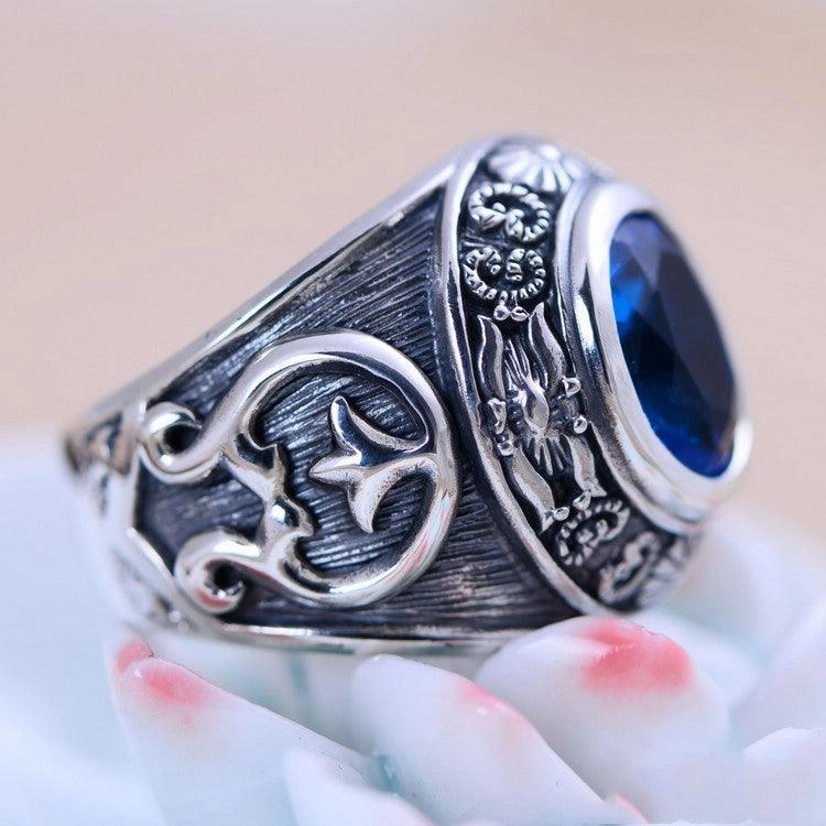 925 Silver Domineering Personalized Totem Synthesis Blue Crystal Men's Rings