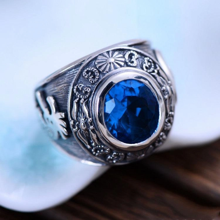 925 Silver Domineering Personalized Totem Synthesis Blue Crystal Men's Rings
