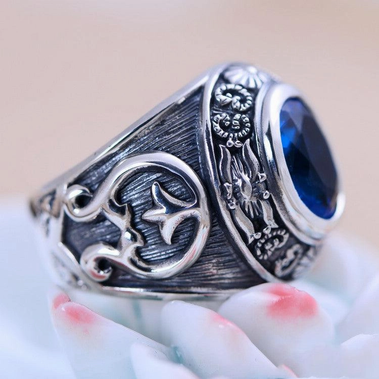 925 Silver Domineering Personalized Totem Synthesis Blue Crystal Men's Rings