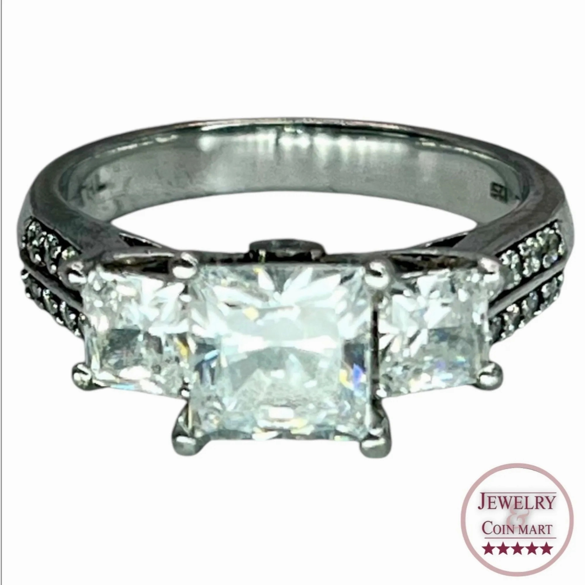 925 Silver Princess Cut Prong Setting 3 Stone CZ Ring Sz 6.75 Engagement Bridal