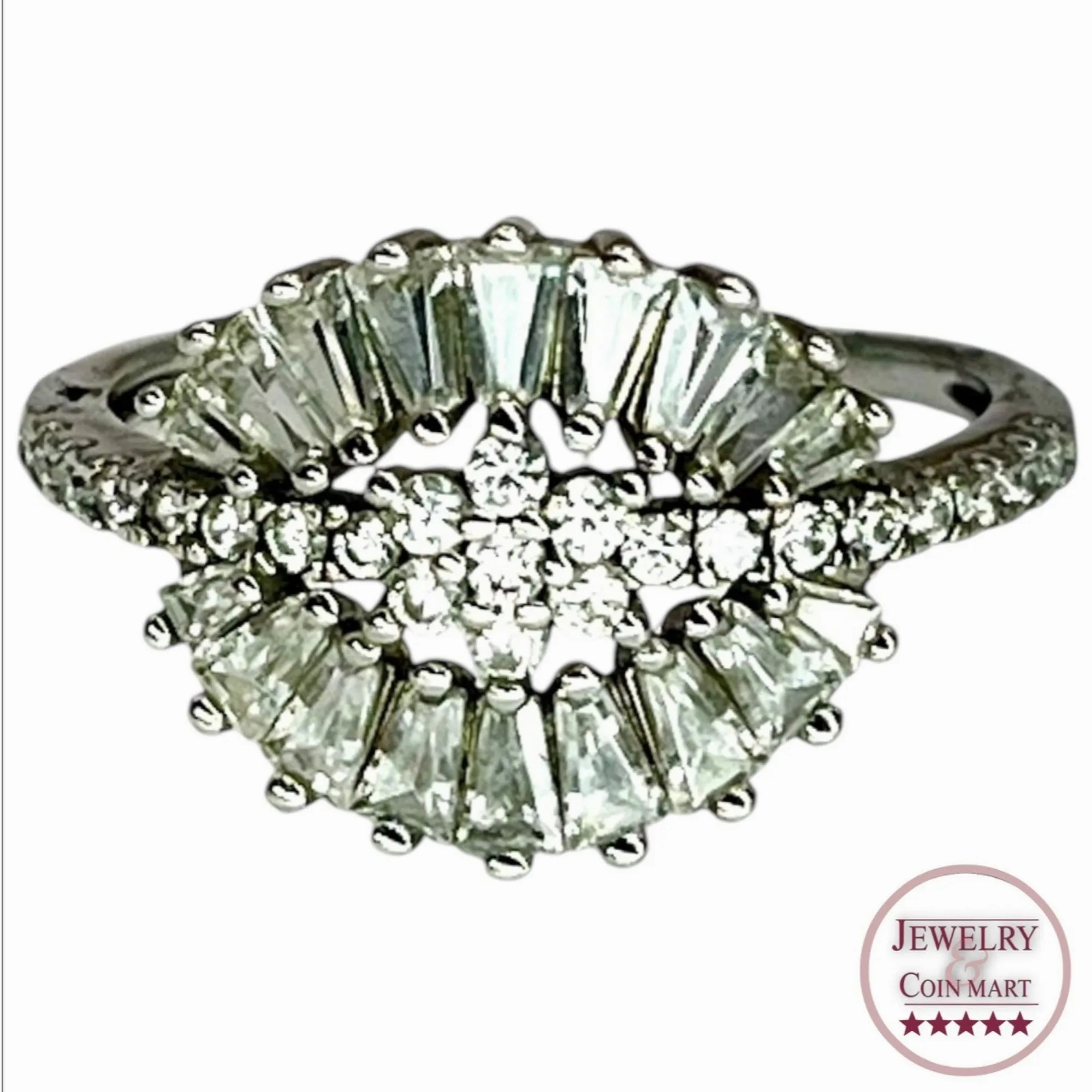 925 Sterling Silver Flower Ring Sz 7 Baguette and Round CZ Stones Prong Setting