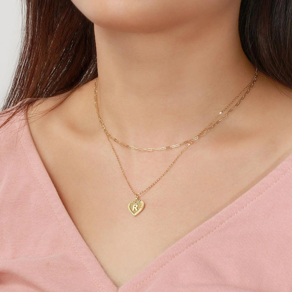 925 Sterling Silver Layered Initial Heart Necklace 