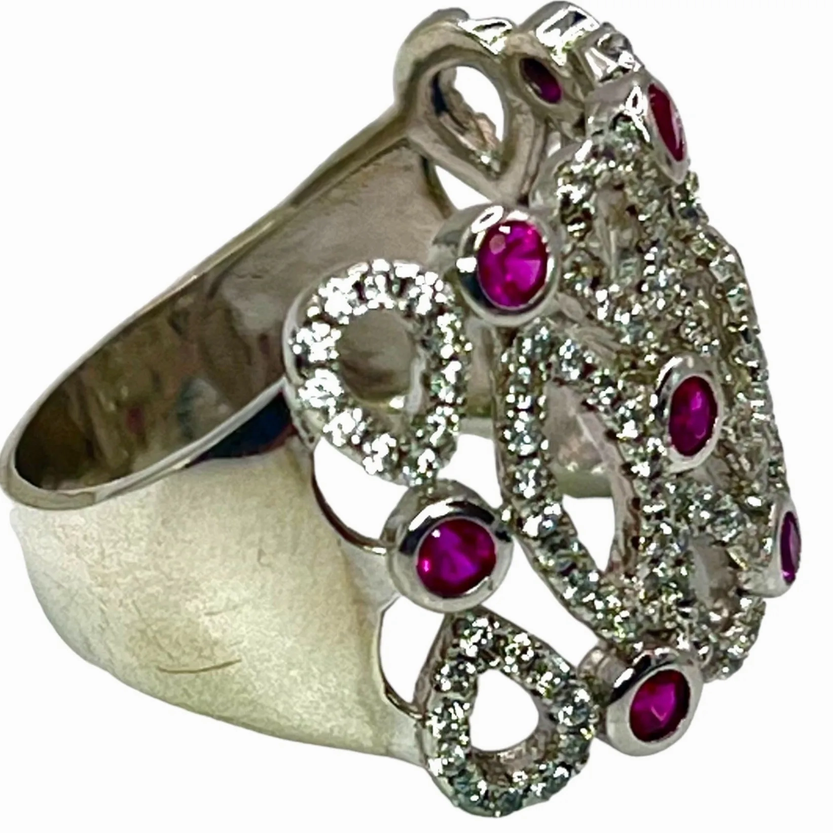 925 Sterling Silver Pink Tourmaline CZ Filigree Statement Size 6.75 Ring