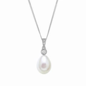 9-10mm Teardrop White Freshwater Pearl & Diamond 18ct White Gold Pendant texture-pearl  