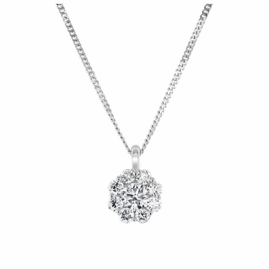 9ct White Gold 0.50ct Round Brilliant Cut Diamond Flower Cluster Pendant & Chain texture-diamond  