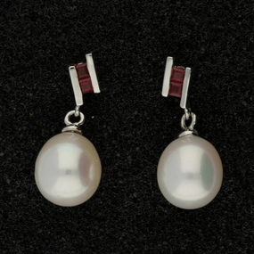 9ct White Gold Fresh Water Pearl & Ruby Drop Earrings texture-pearl  