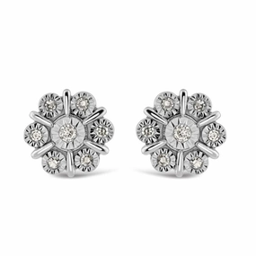 9ct White Gold Illusion Set Diamond Flower Cluster Stud Earrings texture-diamond  